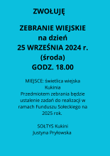 Zapraszamy na zebranie wiejskie do Kukini